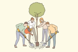 Group of villagers working together.